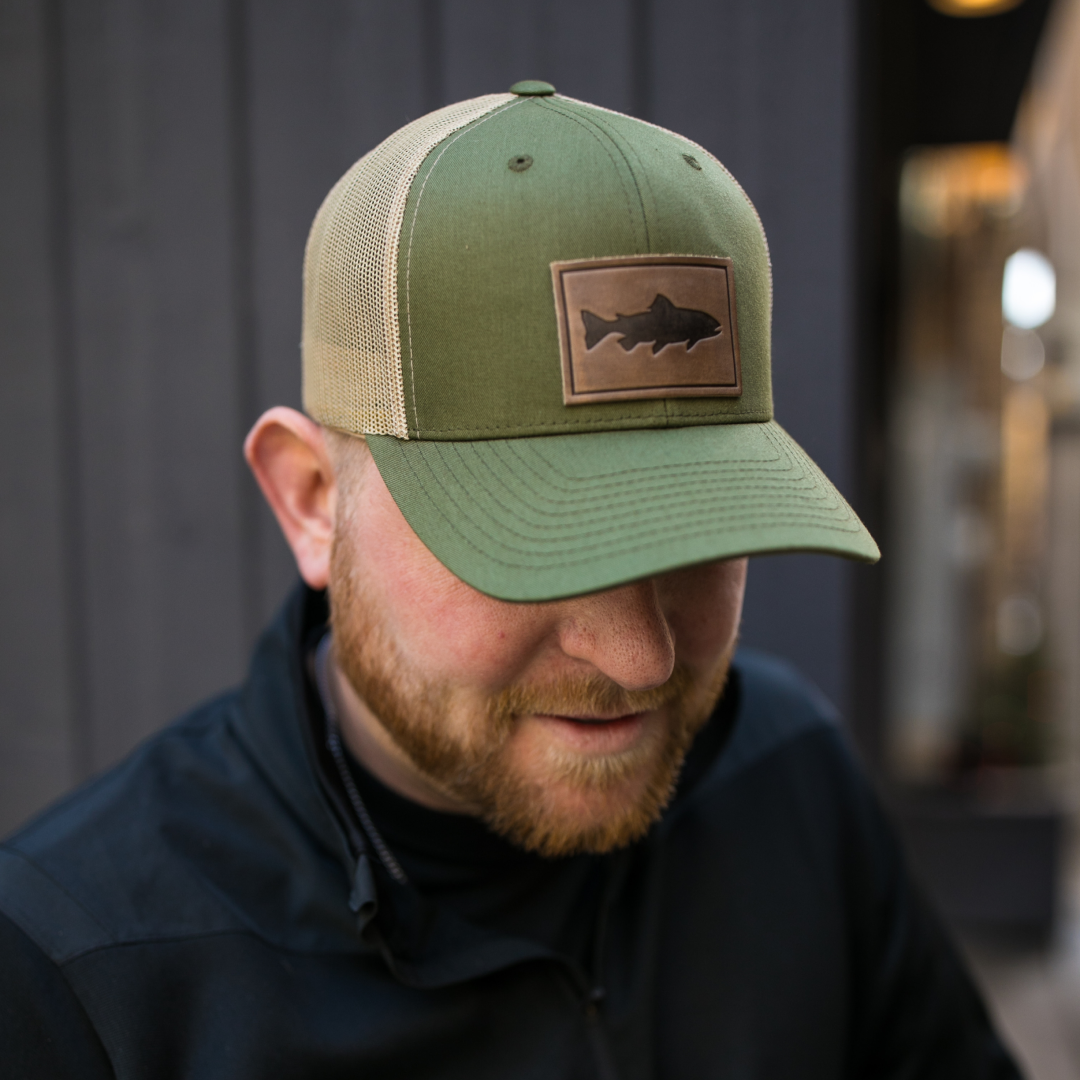 Trout Men's Hat | Leather Patch Trucker Hat