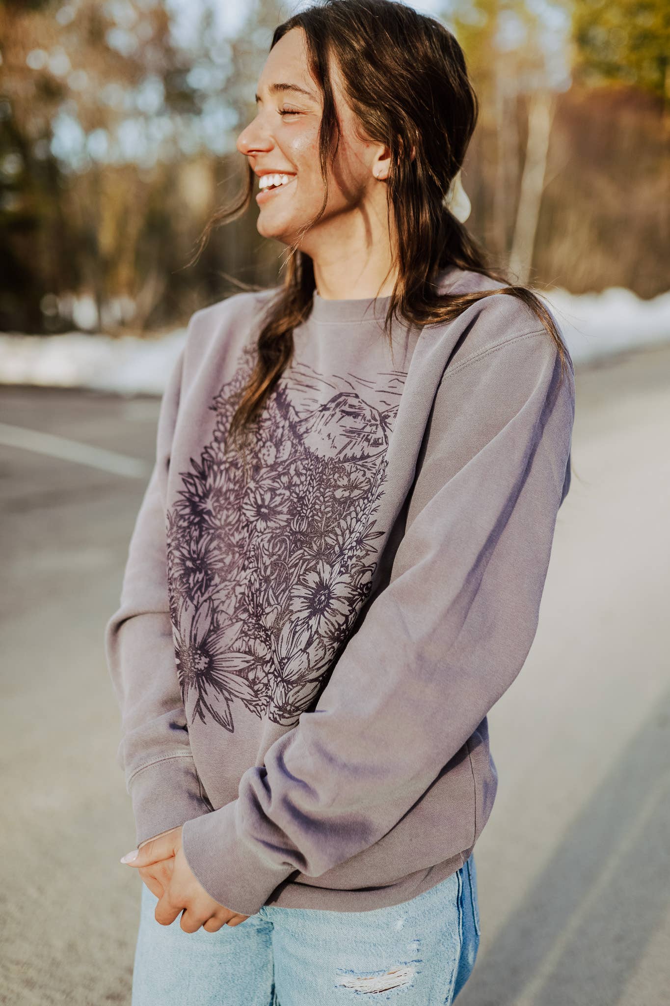 Flower Meadow Ladie's Pullover- Pigment Plum