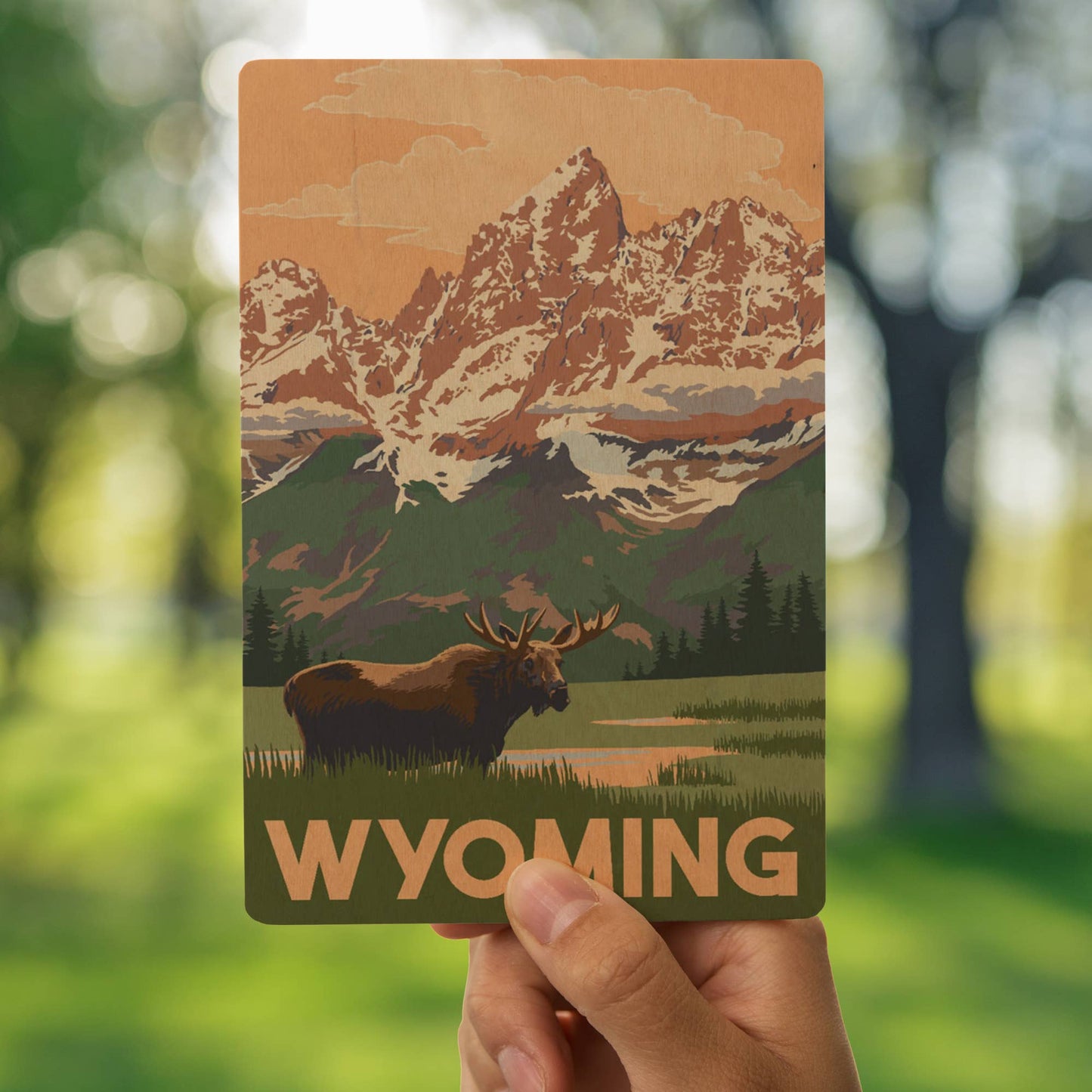 WOOD POSTCARD Wyoming, Moose & Mountains