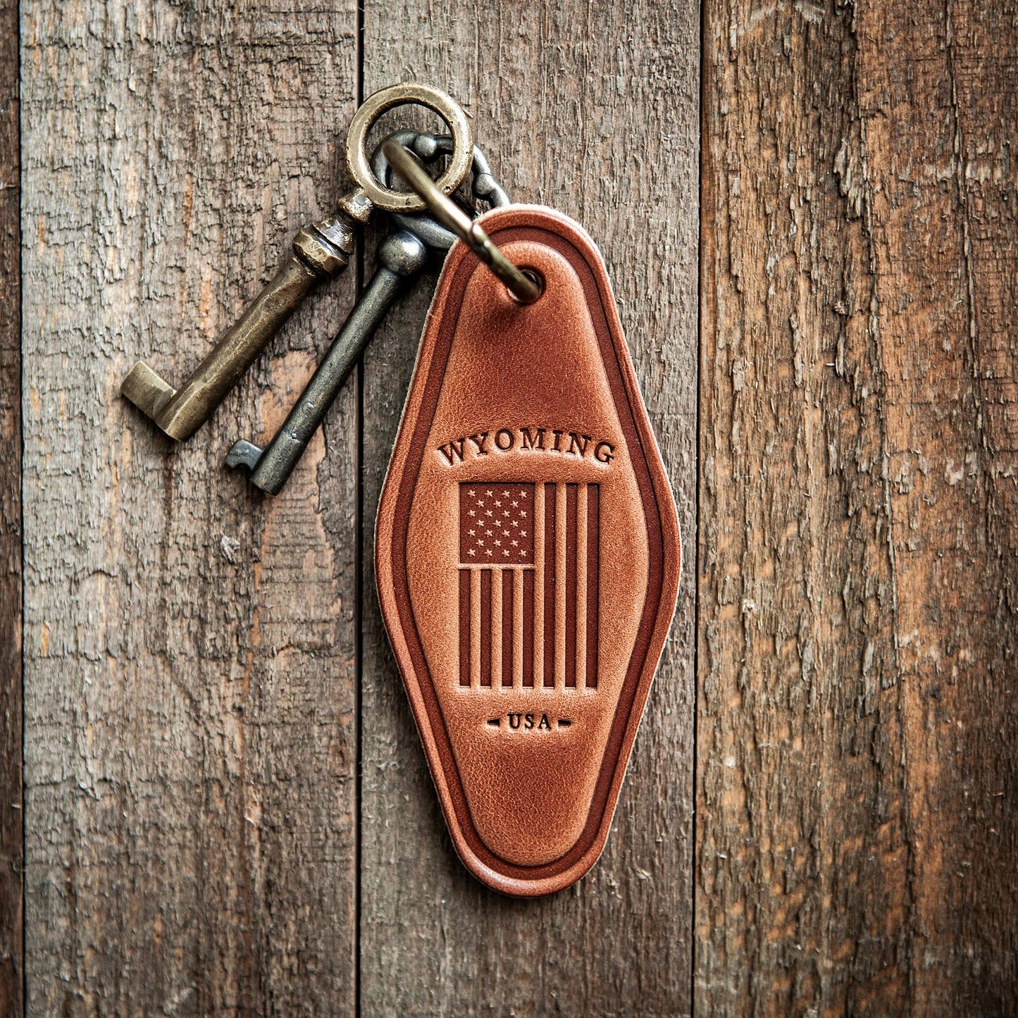 Wyoming American Flag Leather Keychain
