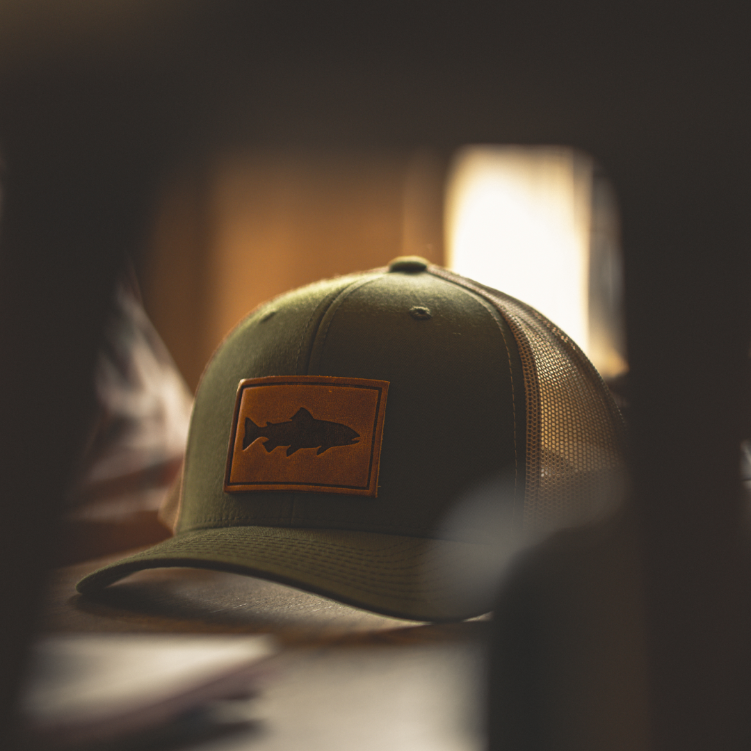 Trout Men's Hat | Leather Patch Trucker Hat