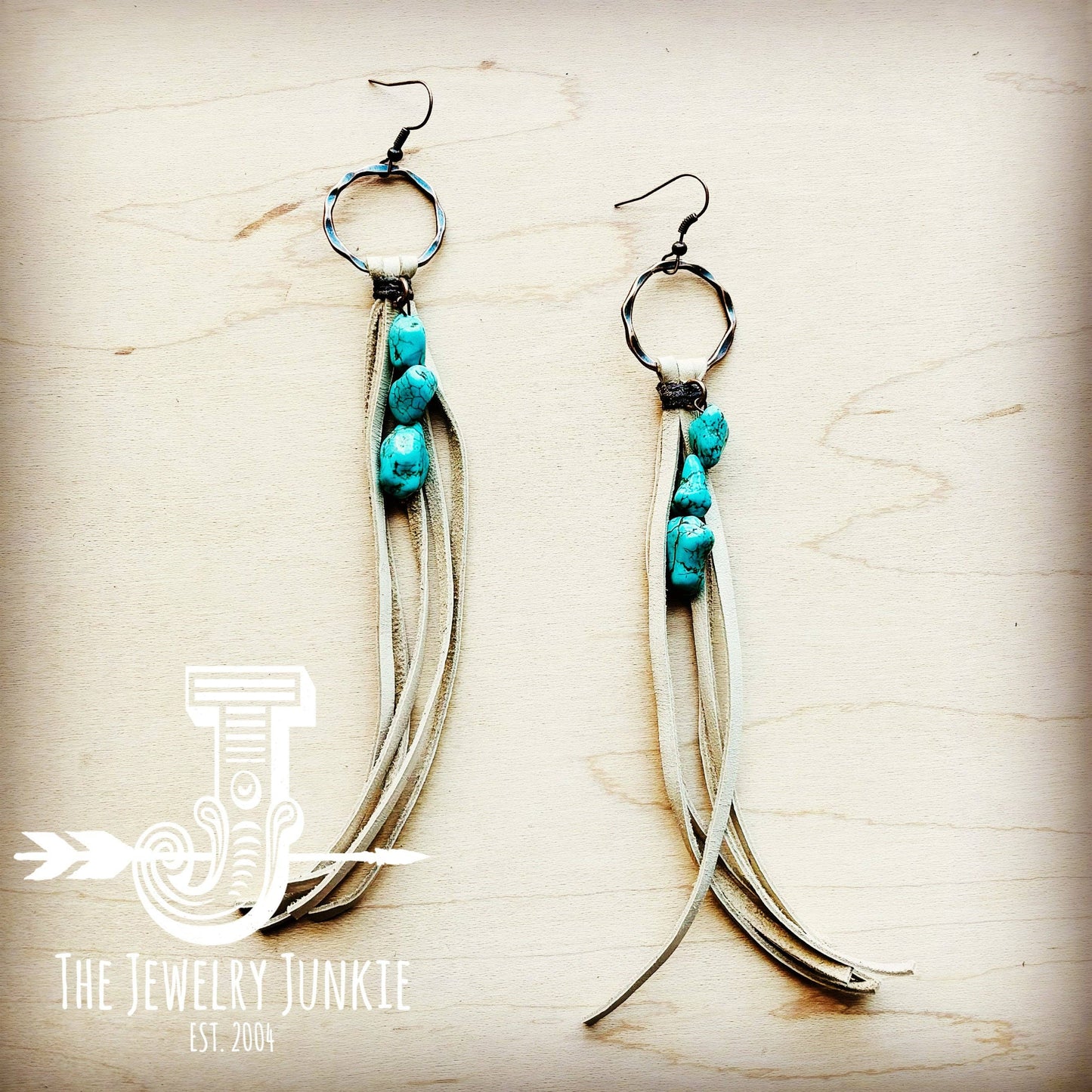 Leather Fringe Earrings with Turquoise Chunks