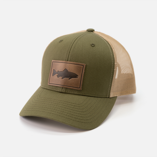 Trout Men's Hat | Leather Patch Trucker Hat