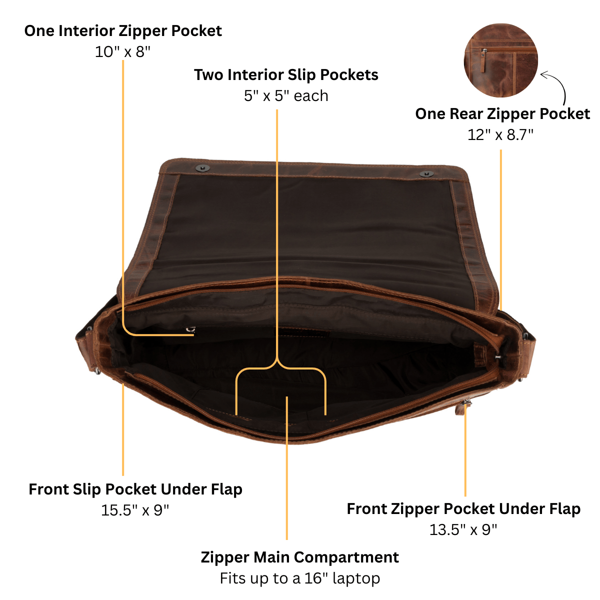 Richmond Full Grain Leather Laptop Messenger Bag 16 Inch for Men,  Work Bag, Chestnut