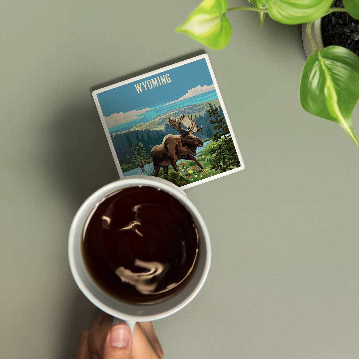 CERAMIC COASTER Wyoming, Painterly, Moose & Wildflowers