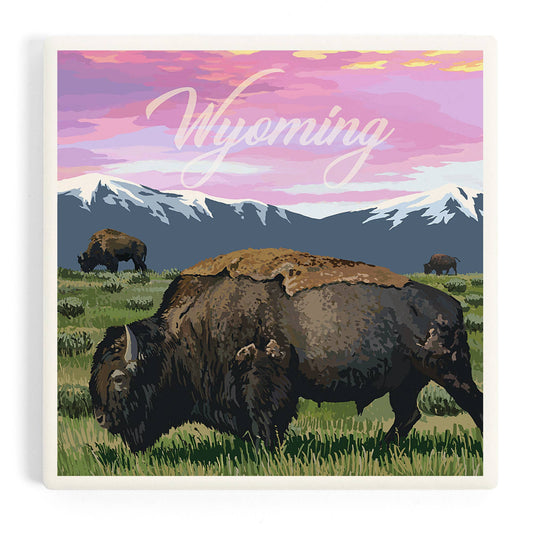Ceramic Coaster Wyoming Bison & Sunset