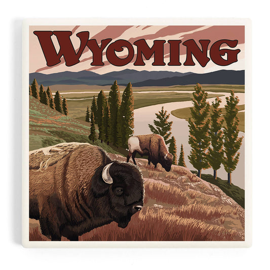Ceramic Coaster Wyoming, Yellowstone River Bison