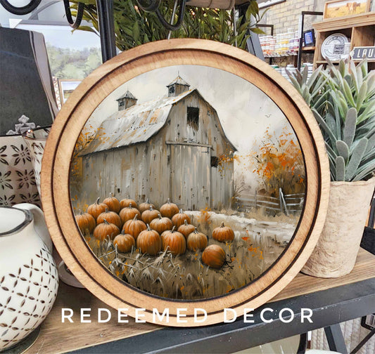 8" Round Framed Harvest Barn Art