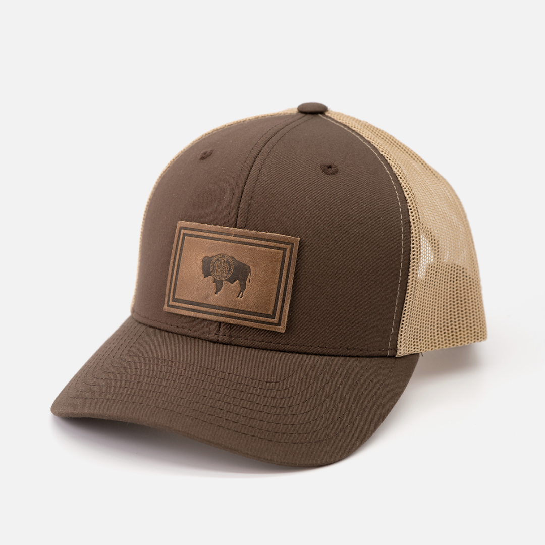 Wyoming Flag Hat | Leather Patch Trucker Hat