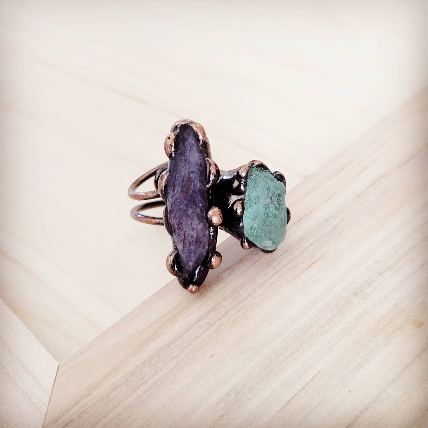 Genuine Amethyst and Quartz Rings in a Copper Setting