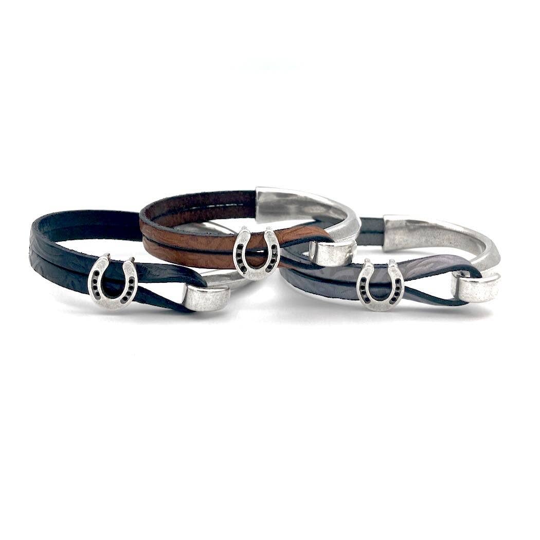 Horseshoe Leather and Silver Plated Bracelet