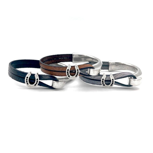 Horseshoe Leather and Silver Plated Bracelet