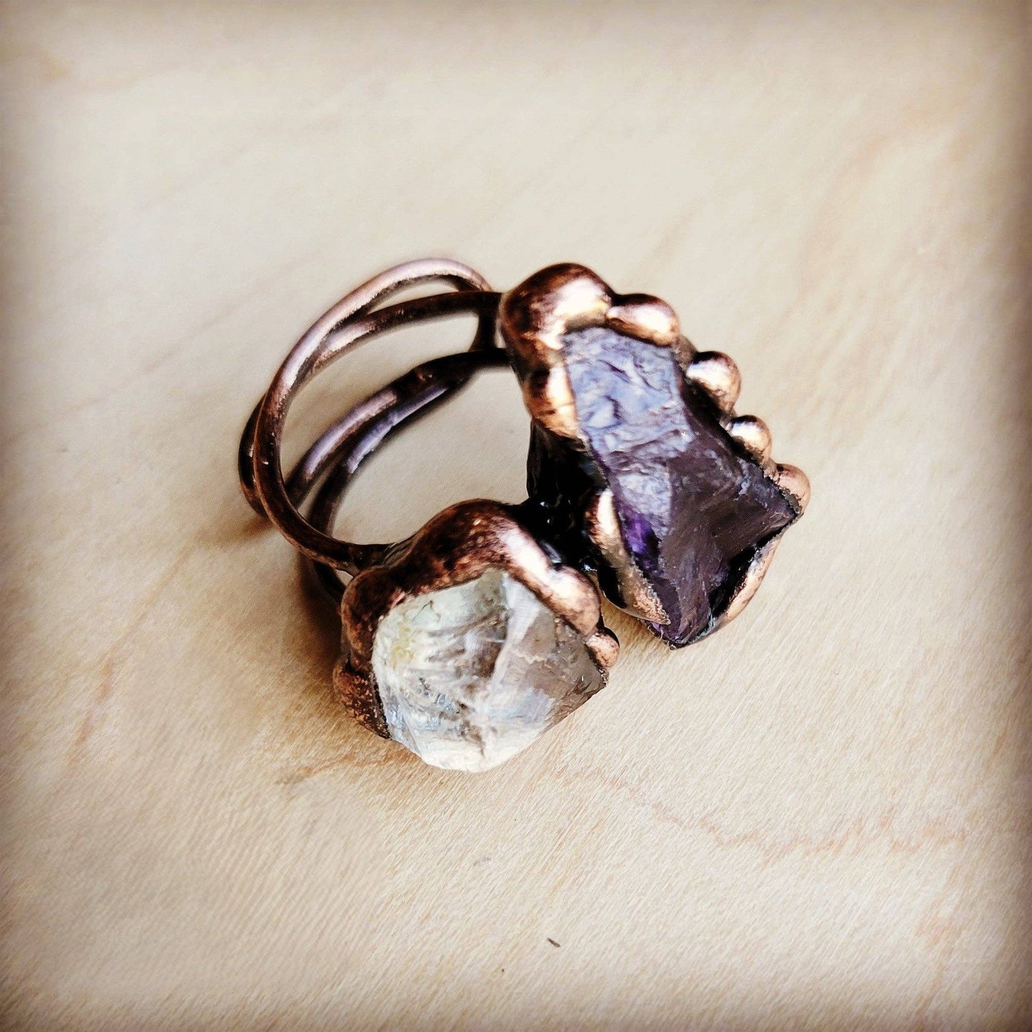 Genuine Amethyst and Quartz Rings in a Copper Setting