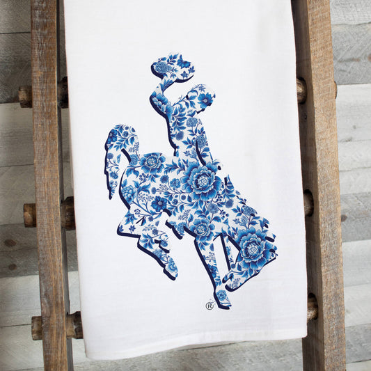 Blue White Wyoming Bucking Horse Tea Towel