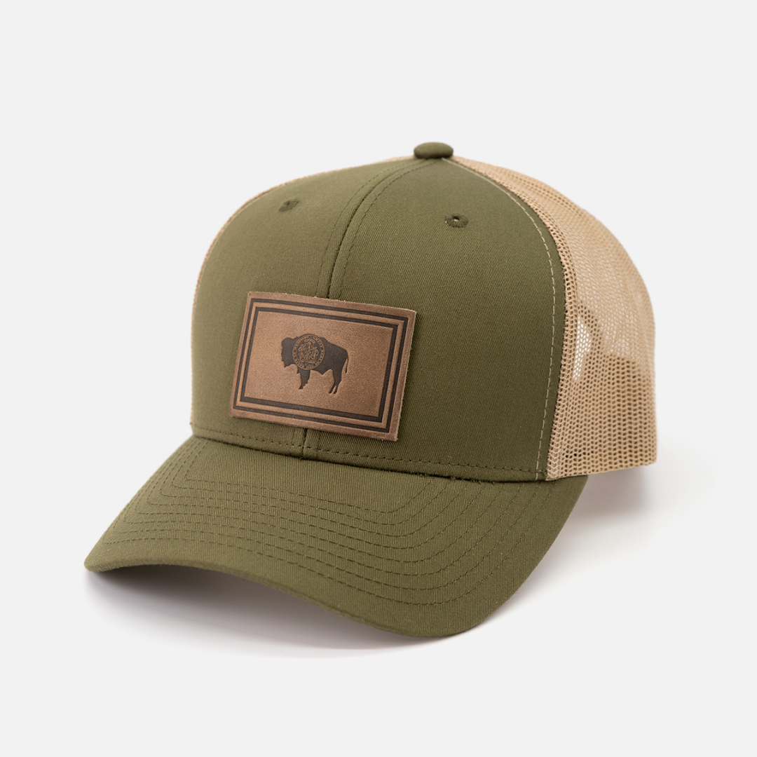 Wyoming Flag Hat | Leather Patch Trucker Hat