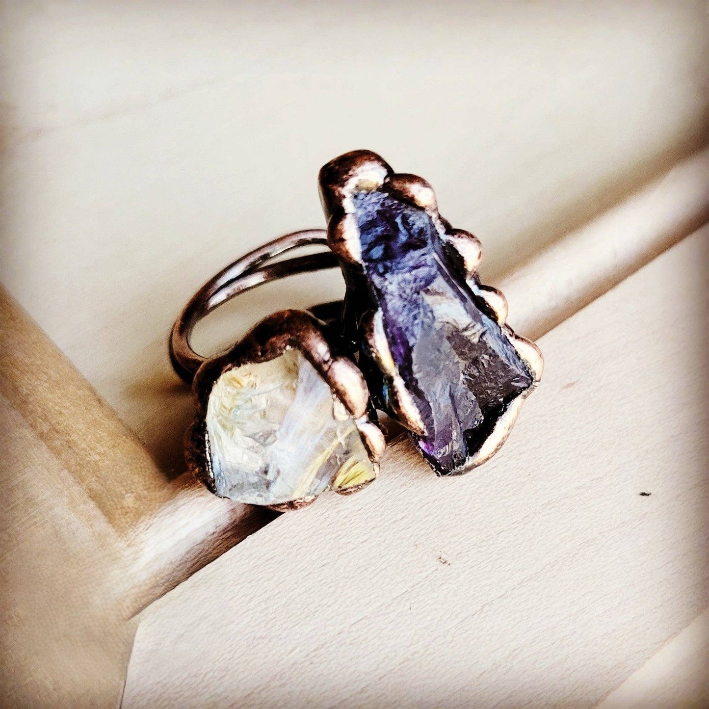 Genuine Amethyst and Quartz Rings in a Copper Setting