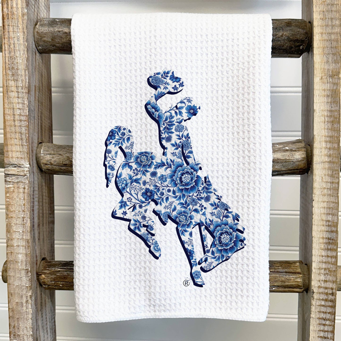 Blue White Wyoming Bucking Horse Tea Towel
