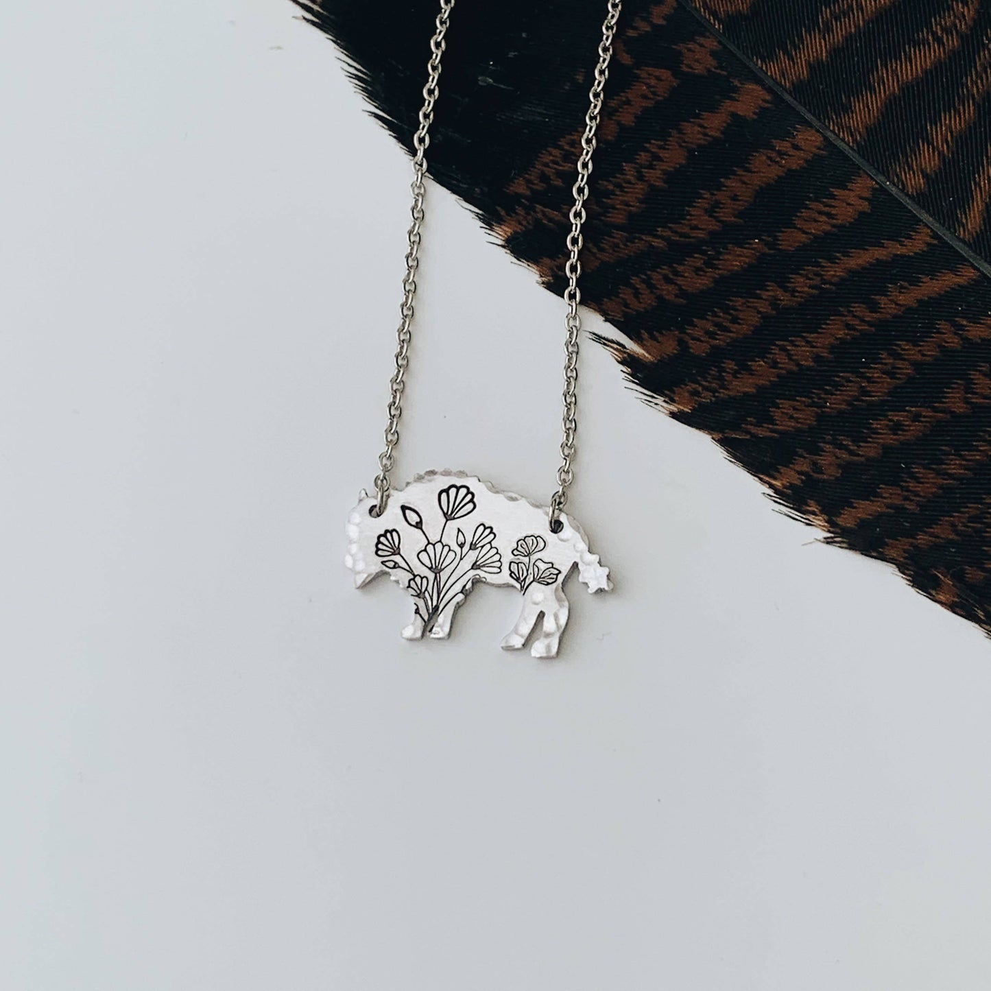 Wildflower Bison Necklace, Buffalo, Hand Stamped Necklace