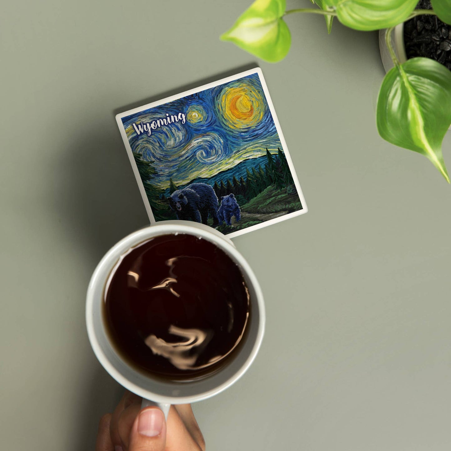 CERAMIC COASTER Wyoming, Starry Night, Bear & Cub