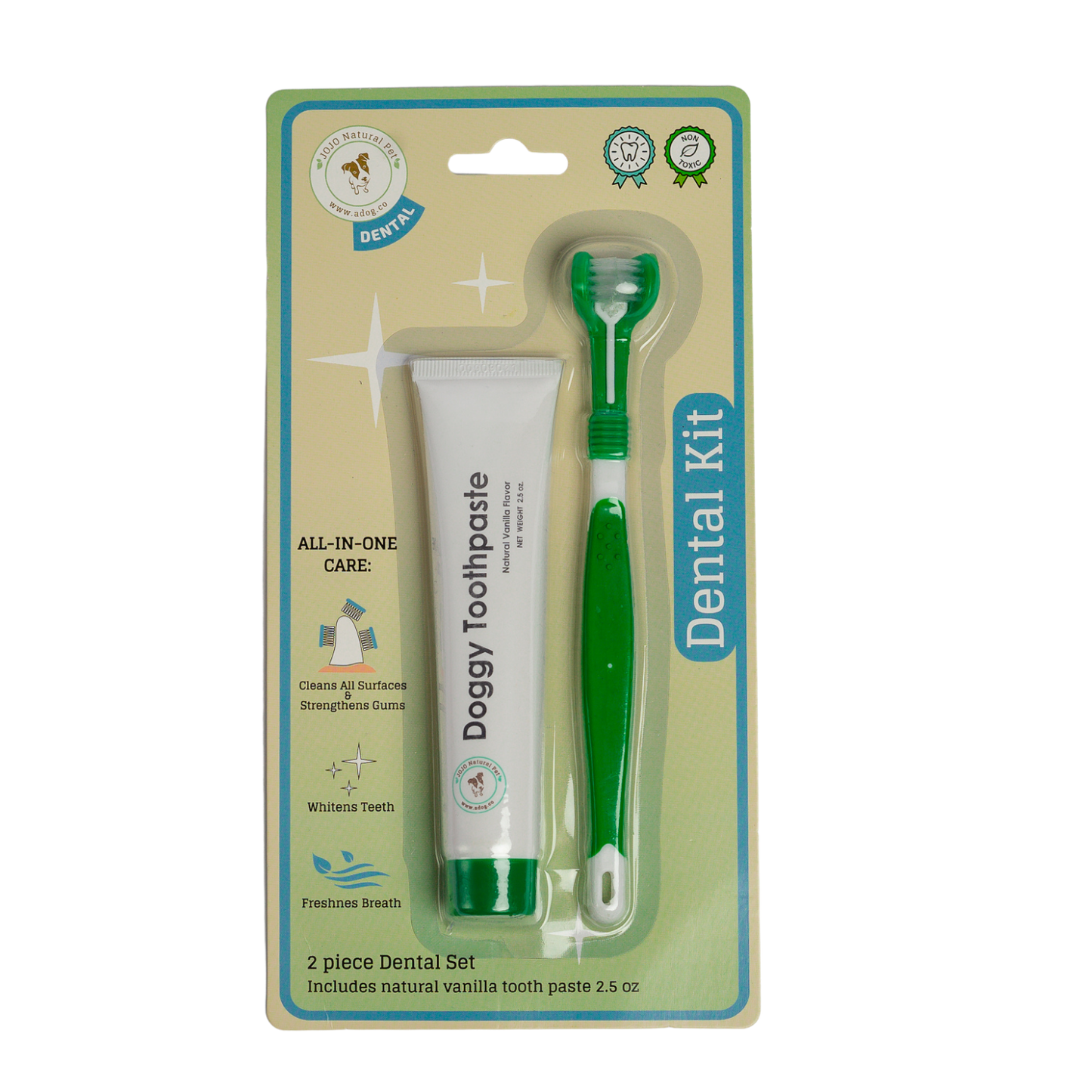 Triple Headed Dog Tooth Brush with Toothpaste-2pc Dental Kit