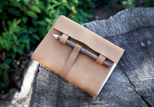 Brown Leather Journal with Wooden Pencil