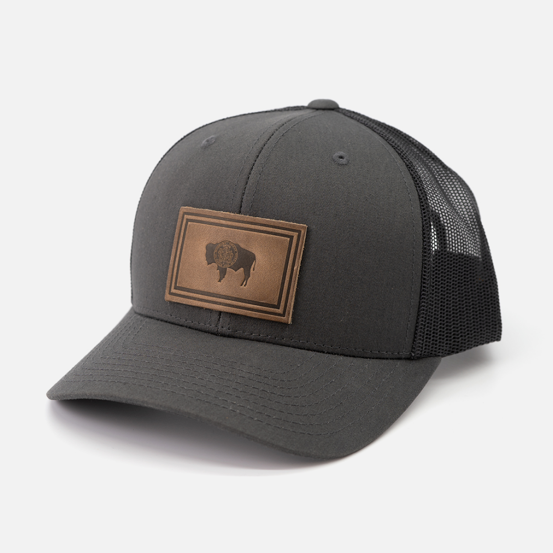 Wyoming Flag Hat | Leather Patch Trucker Hat