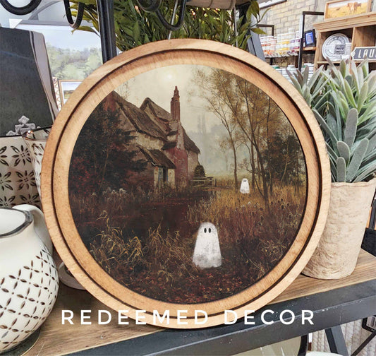 8" Round Framed Ghost Cottage Art