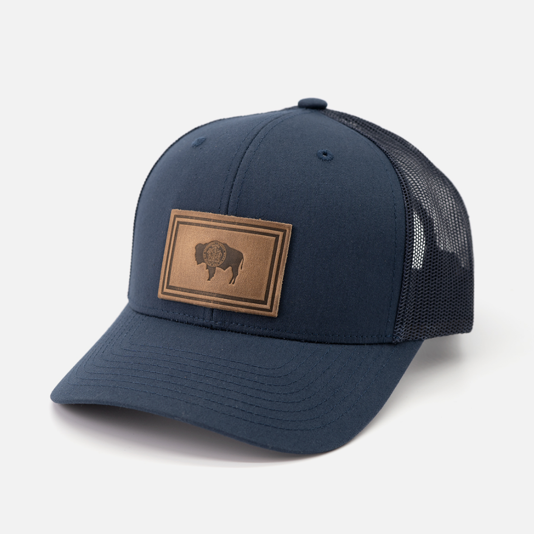 Wyoming Flag Hat | Leather Patch Trucker Hat