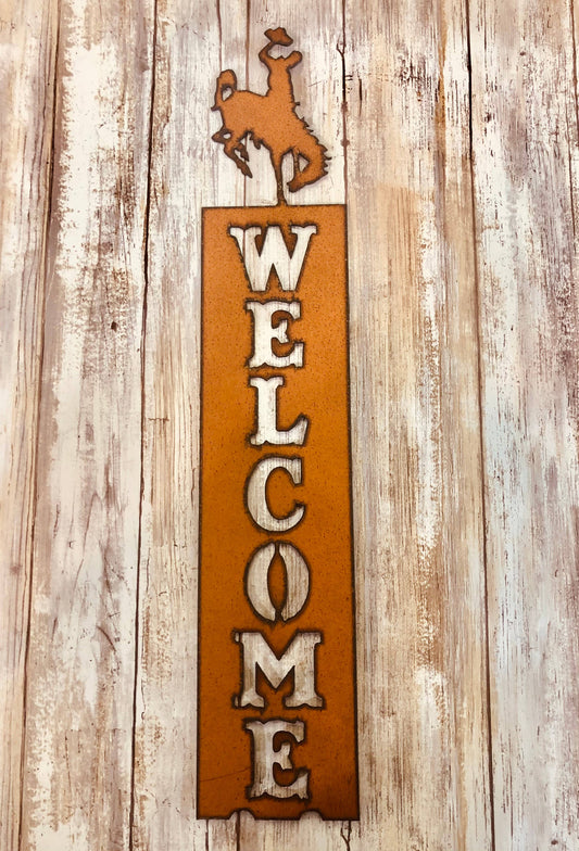 Bronc Rider with Hat Wyoming Vertical Welcome Sign