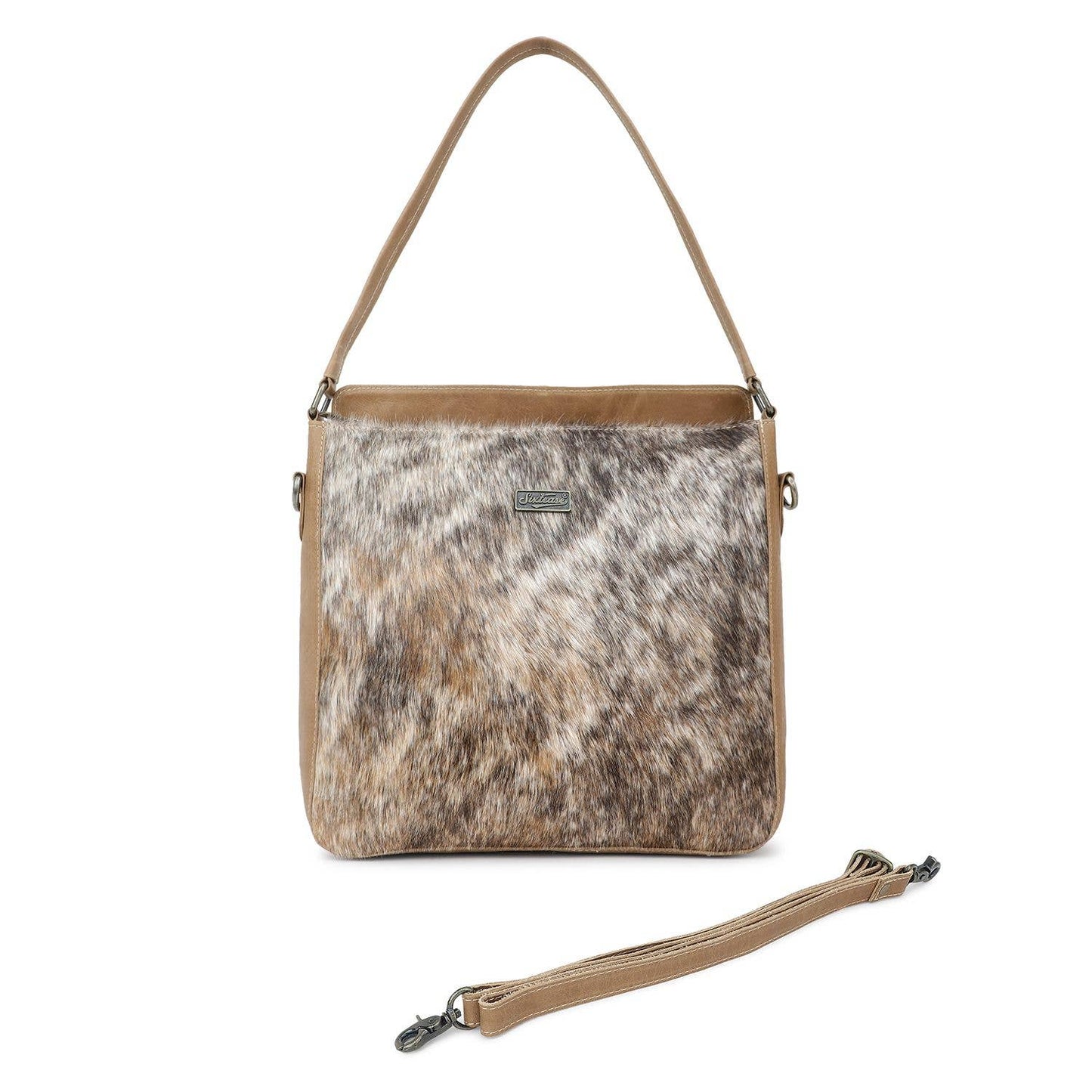 Leather and Cowhide Shoulder Bag - Brown White
