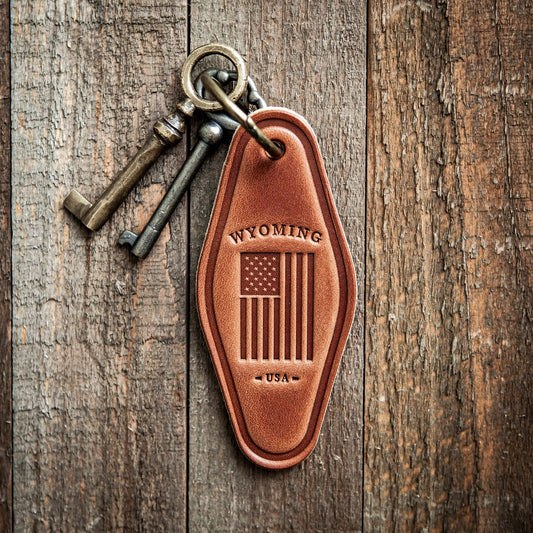 Wyoming American Flag Leather Keychain