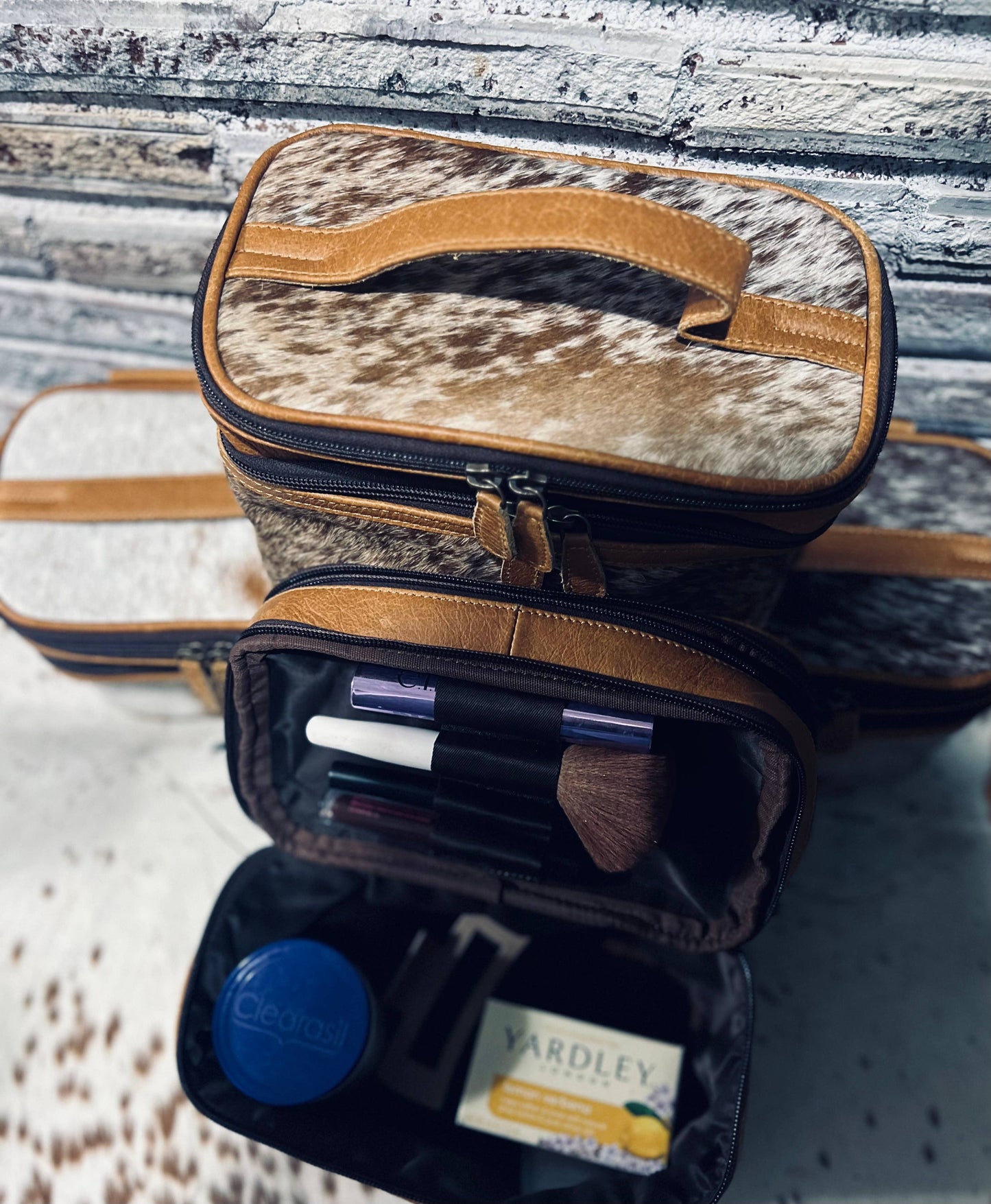 Cowhide double zip Toiletry/makeup bag