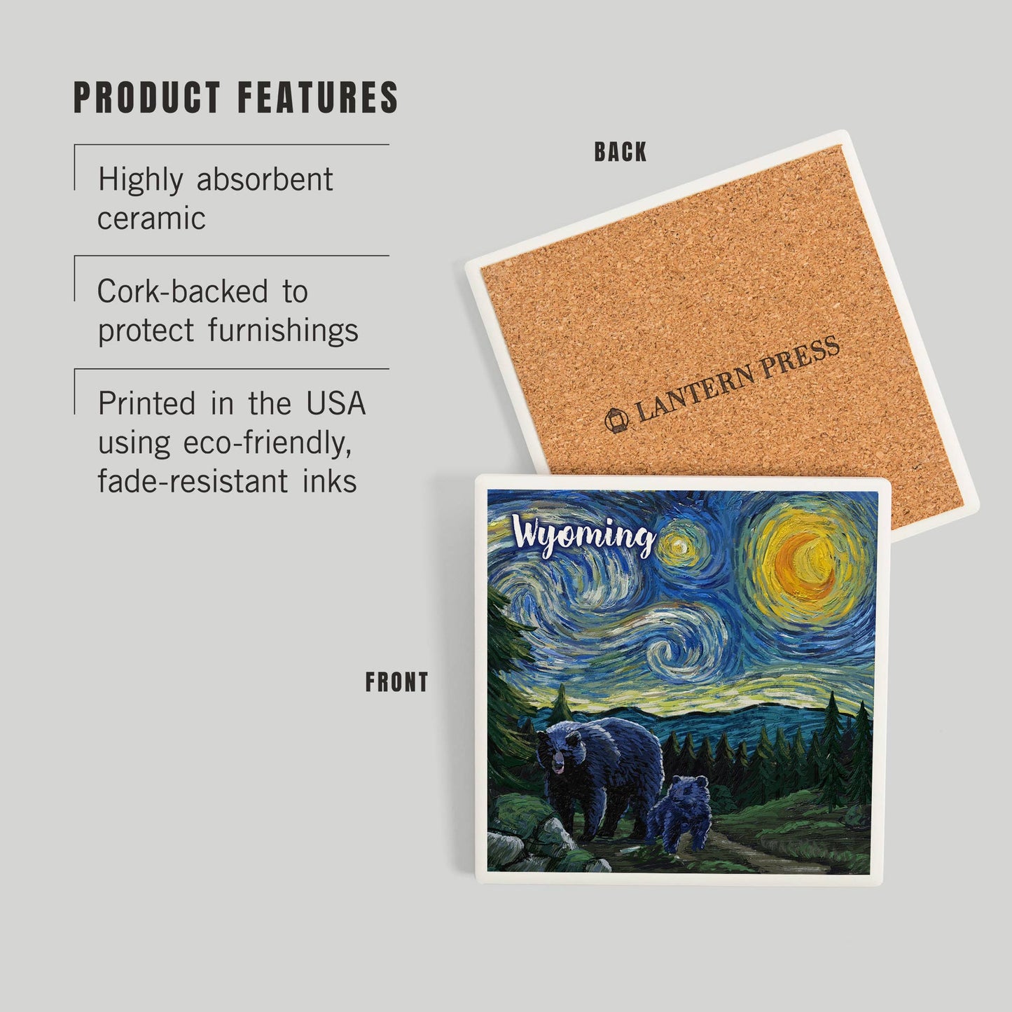 CERAMIC COASTER Wyoming, Starry Night, Bear & Cub