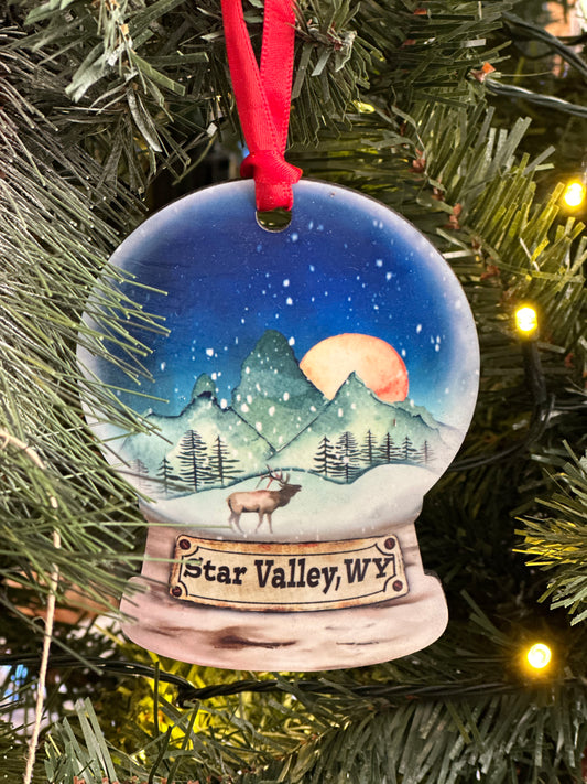 Moon Over Mountains Elk Mountain Snow Globe Ornament