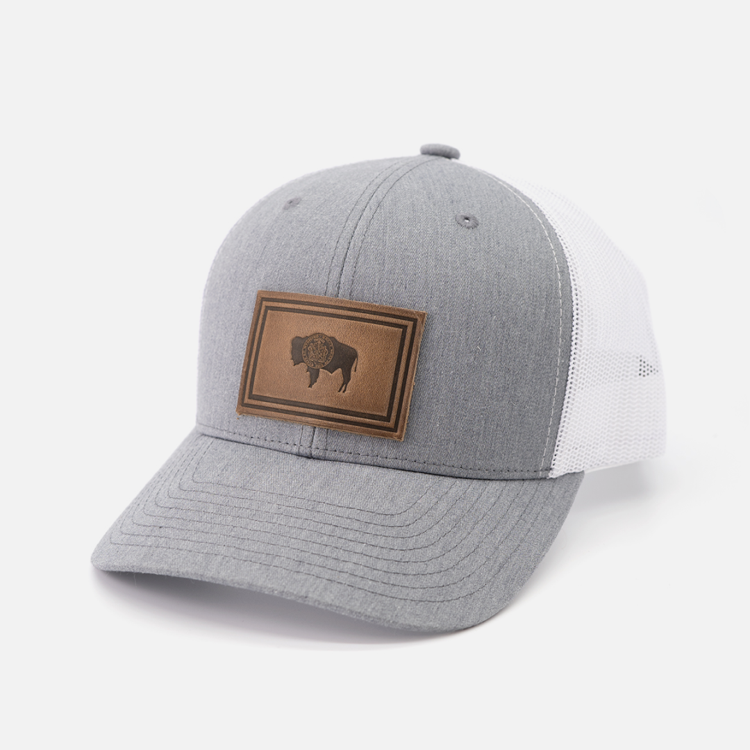 Wyoming Flag Hat | Leather Patch Trucker Hat