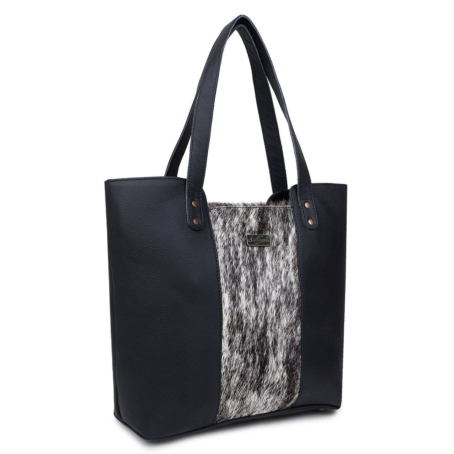 Leather and Cowhide Tote Bag - Black White