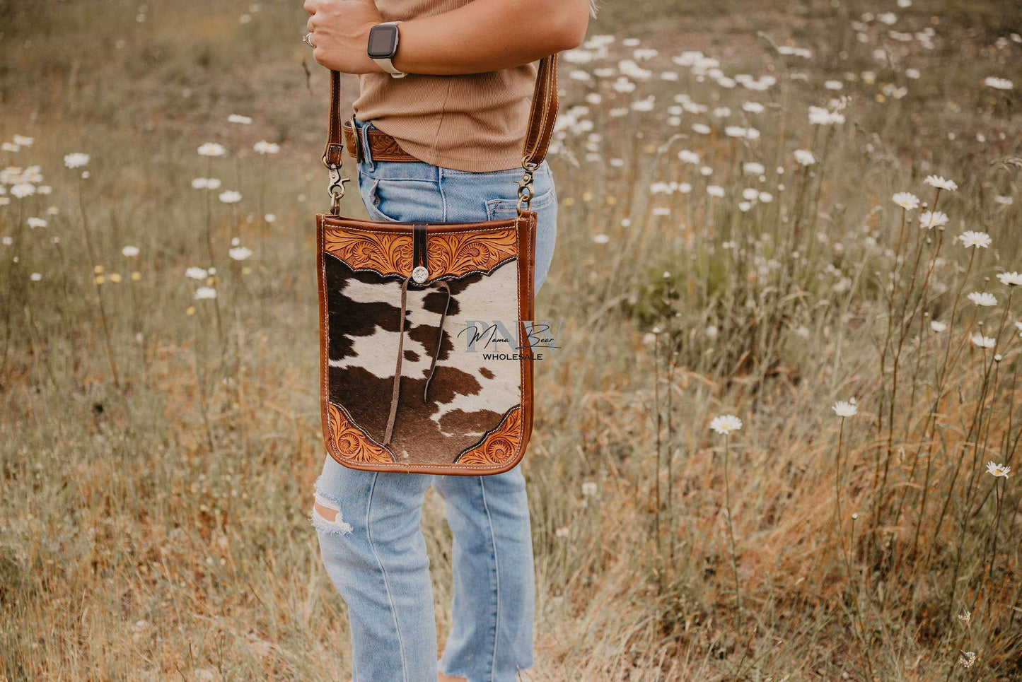 Tooled cowhide crossbody