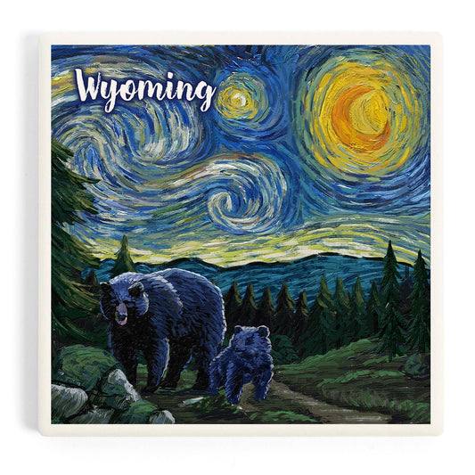 CERAMIC COASTER Wyoming, Starry Night, Bear & Cub