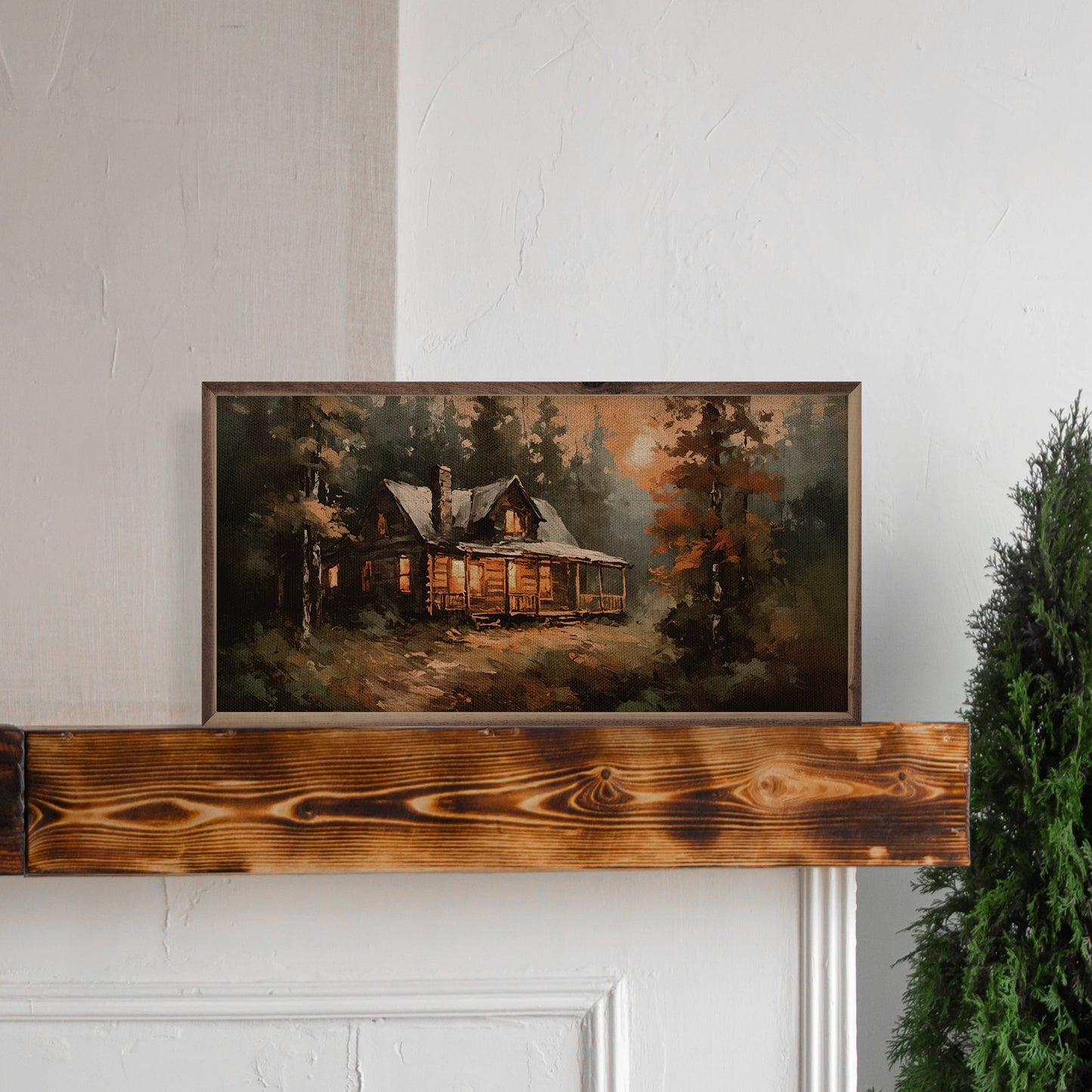 Cabin Among Pines Sunrise Plank Art