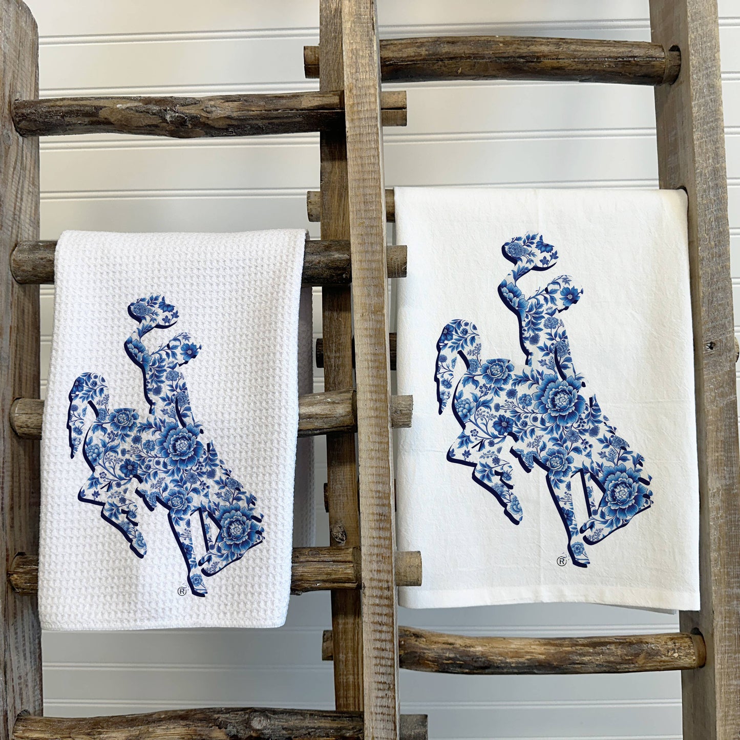 Blue White Wyoming Bucking Horse Tea Towel