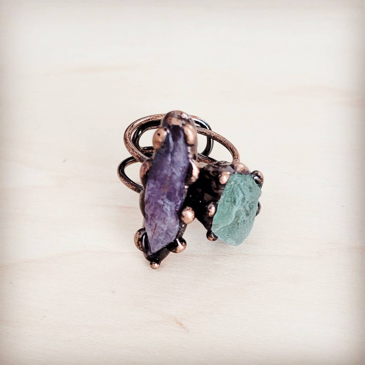 Genuine Amethyst and Quartz Rings in a Copper Setting