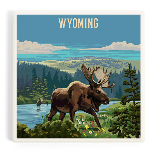 CERAMIC COASTER Wyoming, Painterly, Moose & Wildflowers