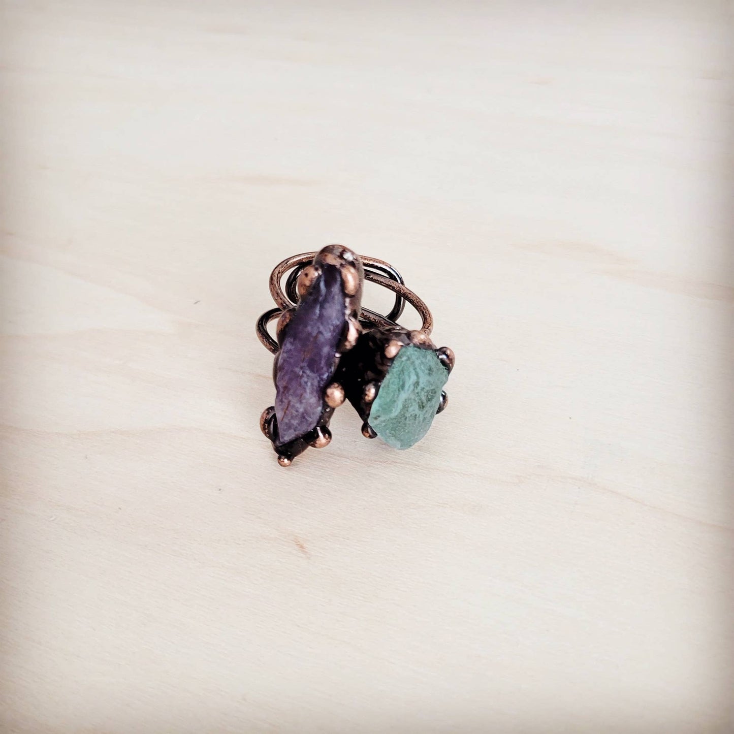 Genuine Amethyst and Quartz Rings in a Copper Setting