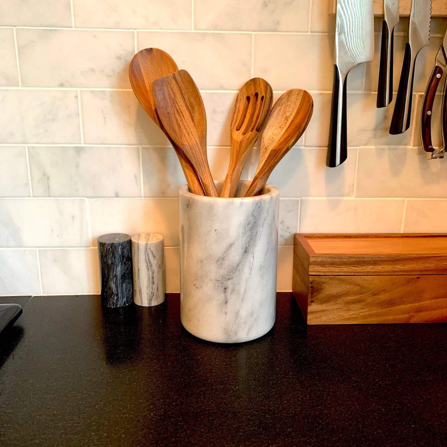Marble Utensil Holder, White, 4.75" x 4.75" x 7"