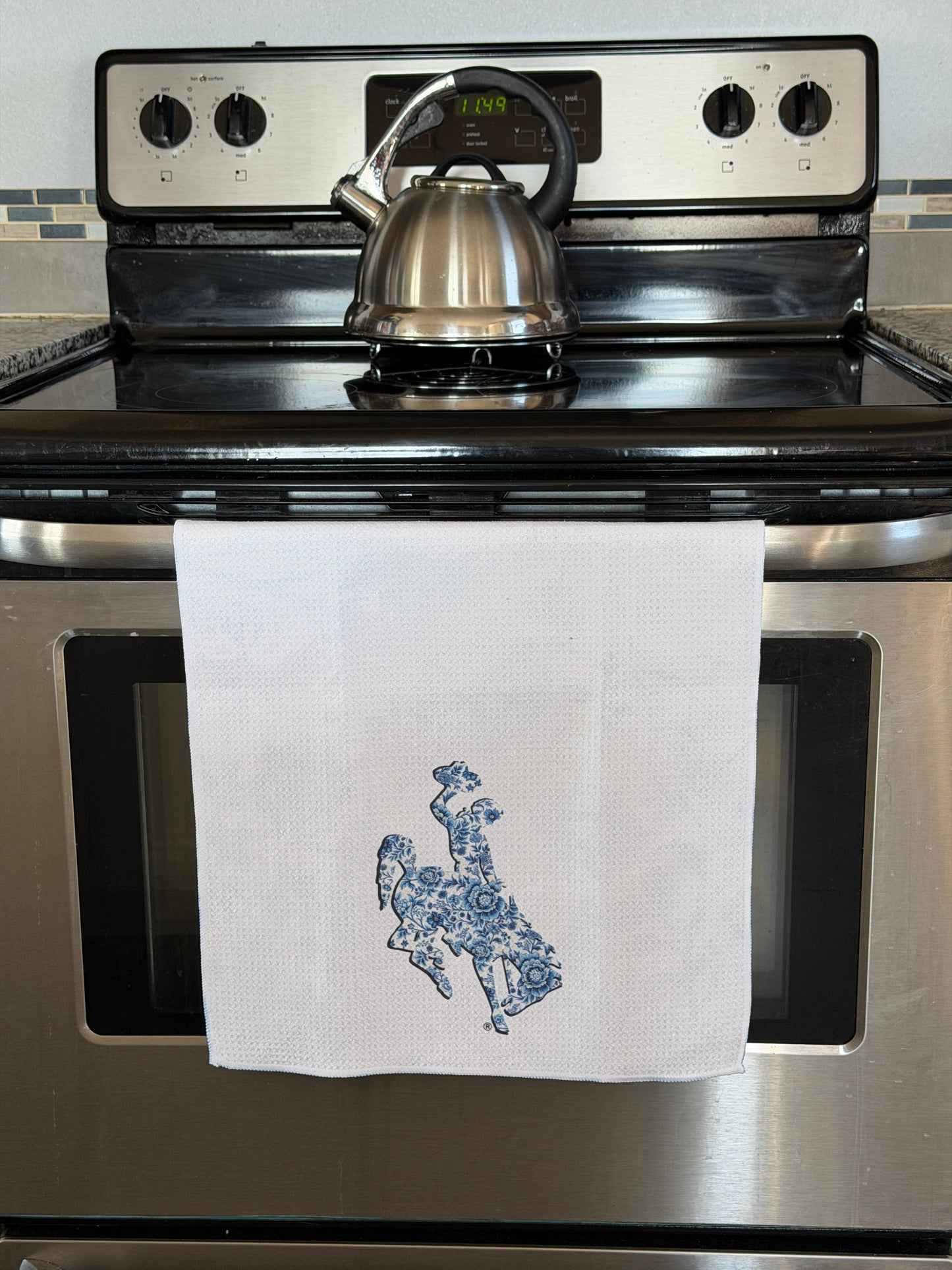 Blue White Wyoming Bucking Horse Tea Towel