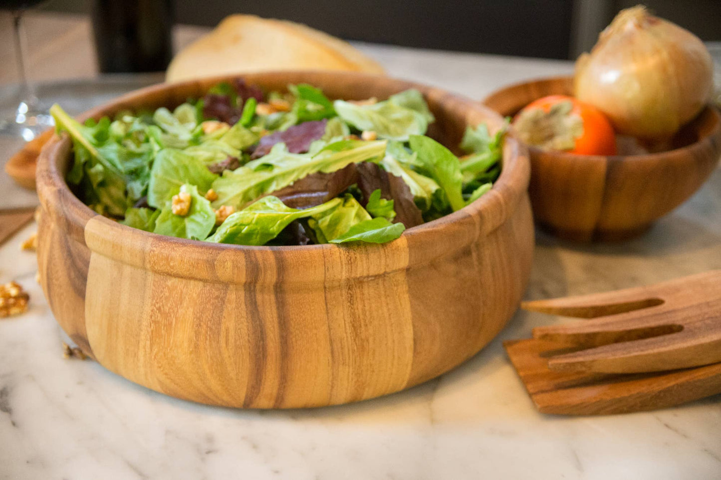 Large Bead Rim Salad Vessel, Acacia Wood