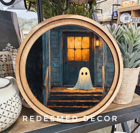 8" Round Framed Ghost on Porch Art