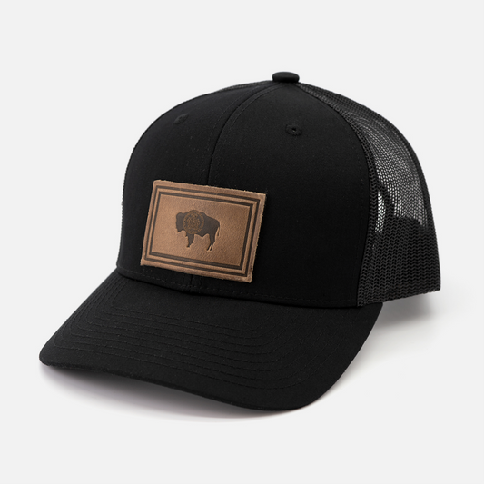 Wyoming Flag Hat | Leather Patch Trucker Hat