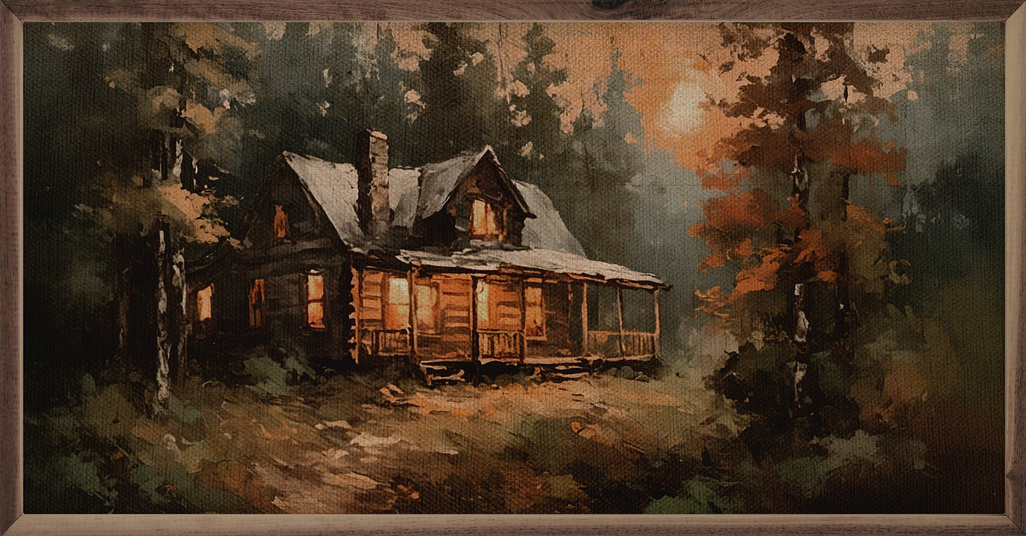 Cabin Among Pines Sunrise Plank Art