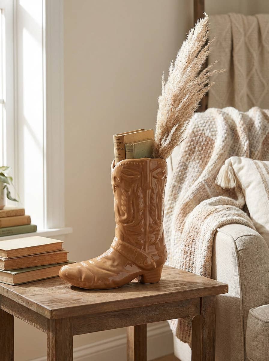 8.5 H Brown Cow Girl Boot Vase Brown